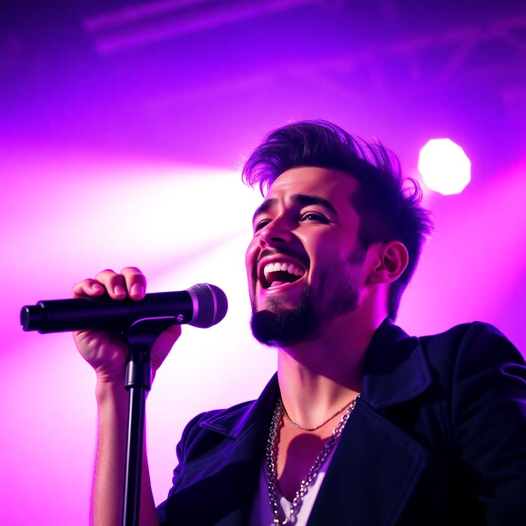 Singer performing live on stage with violet stage lighting